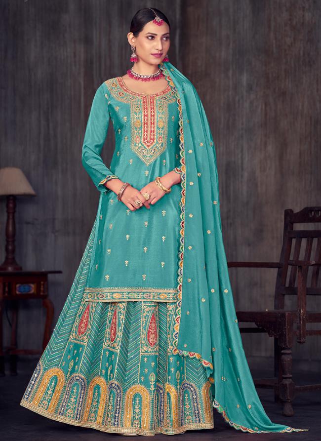 Chinnon Silk Sky Blue Festival Wear Embroidery Work Readymade Palazzo Suit